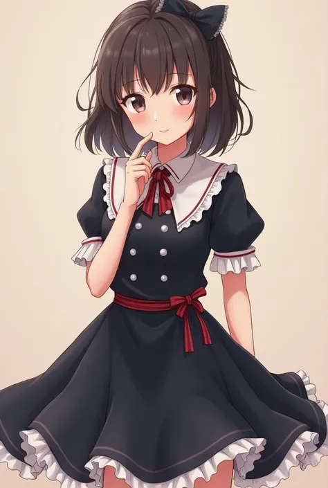 Women, anime style, british clothes style,British style short dress, Having a collar with shoulders covered by a short robe which is part of the dress, British lolita army dress, the dress skirt wave is a bit big, Pose slightly sideways, the tips of the fi...