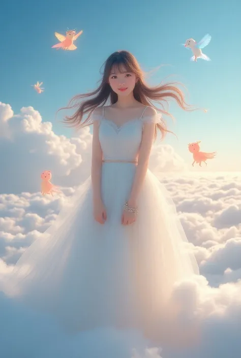 (realistic photograph), (ultra high quality), (high resolution), (8k), (a young and beautiful Japanese woman:1.5) standing on a (floating platform of clouds:1.2), looking directly at the camera with a (playful smile:1.4). Surrounding her are (whimsical cre...