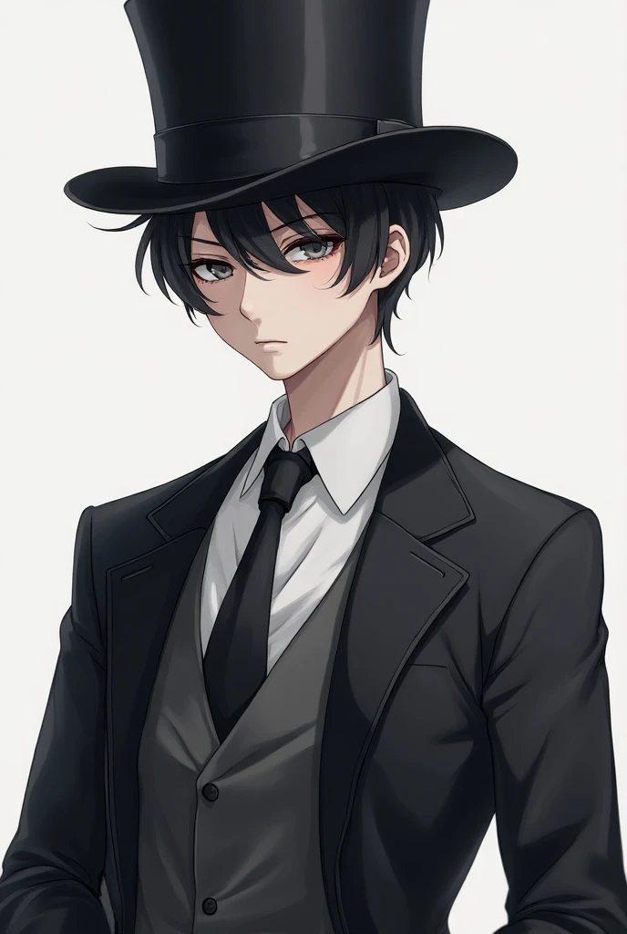 A boy with black and white top hat,with mansuit and a necktie,anime,high resolution,has black hair