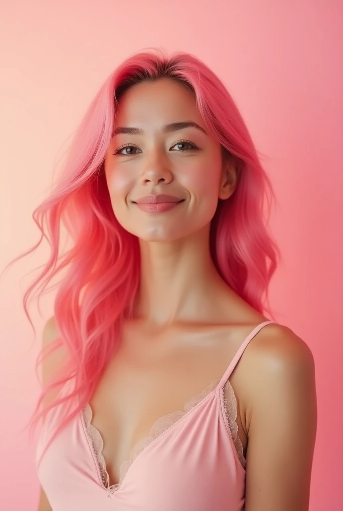  a realistic photograph of the body of a 40-year-old woman, with shades of pink pink and illuminated . with the pink hair.  Feeling free and renewed, And well-being
I want the rectangular image with a pink background 