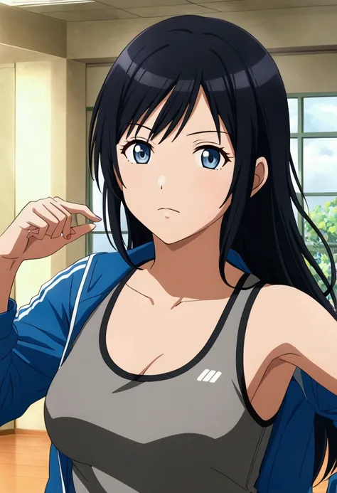 an anime girl in a blue sports jacket standing, 1girl, solo, black hair, indoors, blue eyes, looking at viewer, breasts, blue jacket, long black track pants, long hair, breasts, long sleeves,anime screencap, (idolmaster style),anime screencap, grey tank to...