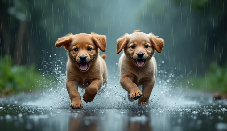 Hiperalistic and ultra high definition 8K image
Puppy running in the rain, a heavy downpour, two are in front and running, has all four legs and one behind, they are all wet. 