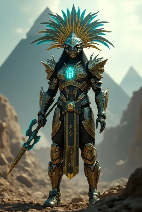 
Generate a high-quality 8K image of a futuristic Aztec cyborg warrior. The warrior is adorned in metallic armor inspired by traditional Aztec designs, featuring intricate gold and turquoise patterns glowing with neon energy. His headdress is a modernized ...