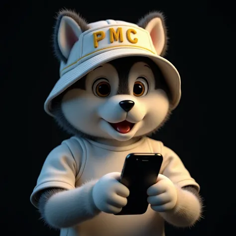 Hyper realistic husky dog doll, HD, dark background, wearing bucket hat with yellow PMC letter embroided to the hat, short sleeve white blouse, using smartphone 