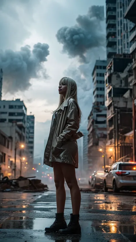 A pretty korean woman with blonde hair, standing on the ruins of a city, cloudy, heavy rain, smoke, fog