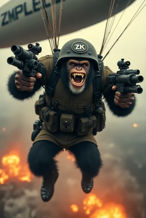  Military chimpanzee goatee with an angry expression laughing ,  wearing clothes and military helmet with a round logo with the letters ZK, holding two large futuristic machine guns ,  falling from an open parachute with a zeppelin written in the backgroun...