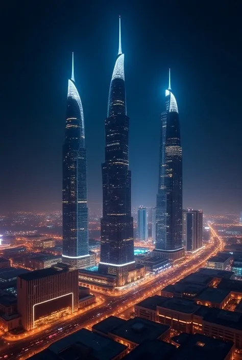 Beautiful night view of Riyadh city, King Abdullah Financial District towers in the middle lit up with vibrant lighting, cinematic atmosphere, (Best Quality, 8k, Ultra Realistic, Masterpiece: 1.2), Ultra Detailed, Realistic, Ultra Realistic, Ultra Realisti...