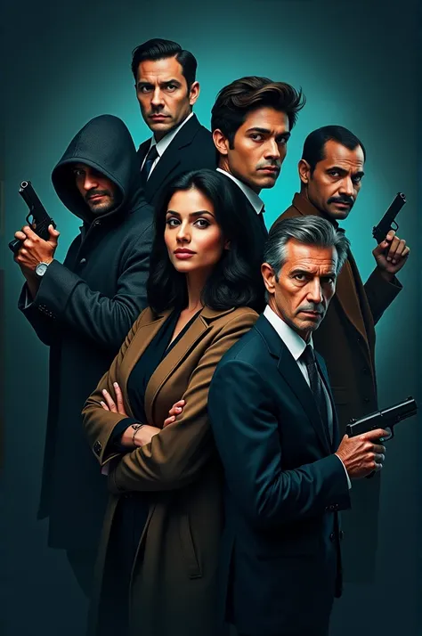 A book cover image for a murder mystery novel featuring five distinct characters: a man in a hoodie holding a gun, a handsome detective in formal attire, a beautiful Indian woman, a man in a sharp suit, and an older businessman with a wise yet intense expr...