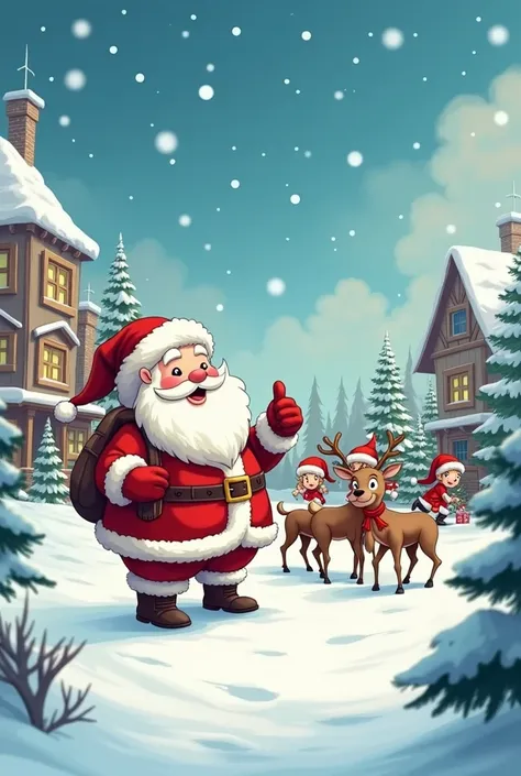    Christmas image in white and red with the highest definition of a snowy landscape with reindeer, elves,  ,   all the medium-sized   ,    motifs with a comic style but with a warm and sweet atmosphere , a touch of Nilez ,, ,  background defined by a Christmas style town ,  a cheerful and kind Santa Claus  