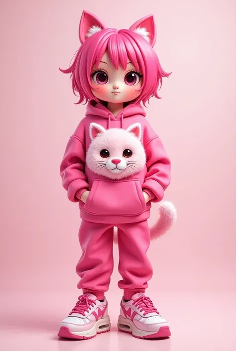 The teenager licks his lips ， pink hair with two pink cat ears ， pink eyes as bright as peach blossoms ， The pink tracksuit on his body is embroidered with a huge furry pink cat head， The sneakers on his feet are also pink ， with pink cat print 