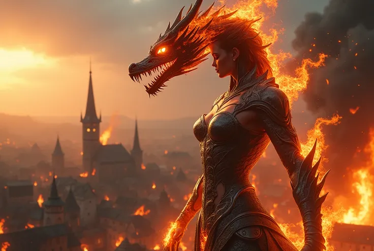 Powerfull being in above the sky looking in medieval town, dragon like armored woman, asian face looks, power effects on whole body, glowing eyes, ultra-realistic, drone shot, Cinematic, Hyperrealism, hair is pure flame, evil glowing eyes, Wide Shot, Glowi...