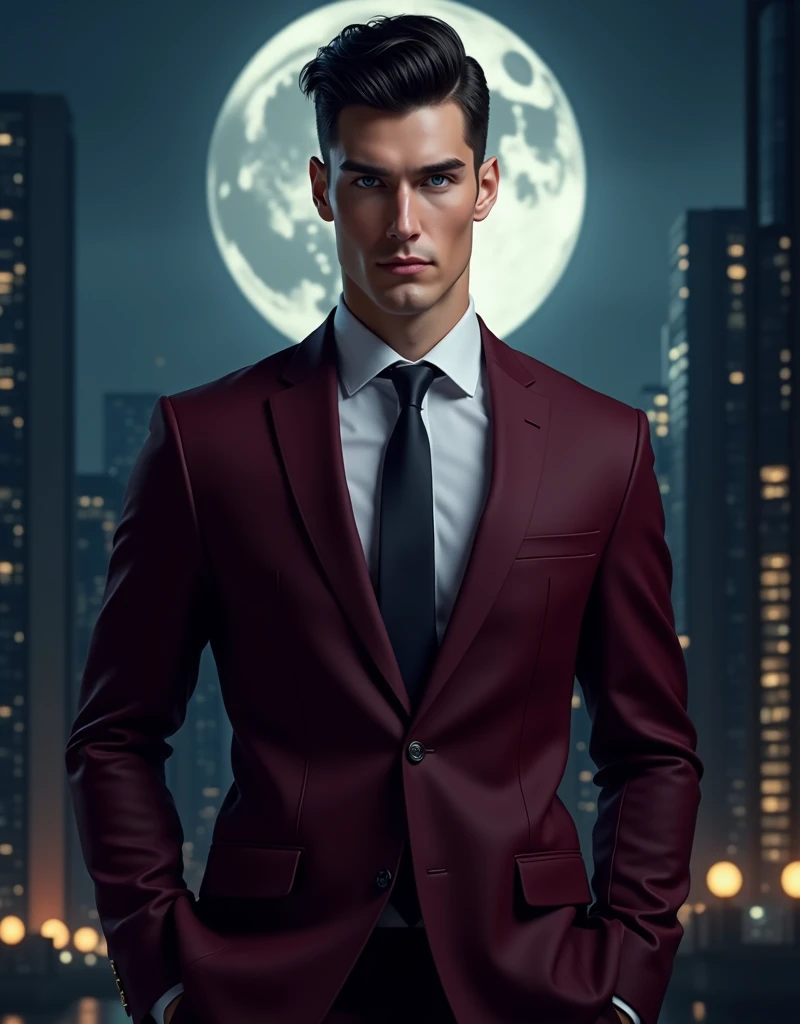 The subject of the picture is a spanish man that has white flawless skin. He is wearing a maroon business attire and had an athletic body and the man should have short regulation-cut black hair looking at the camera intently. He was standing while his hand...