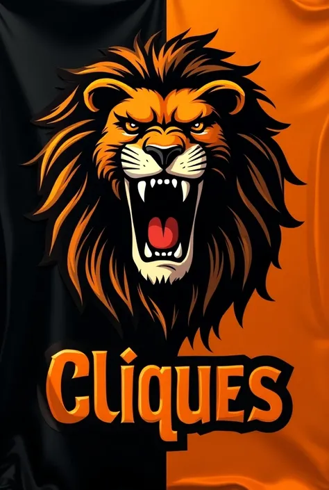  An interclass flag with the head of a roaring lion, Below written the cliques , with black and orange color palette 