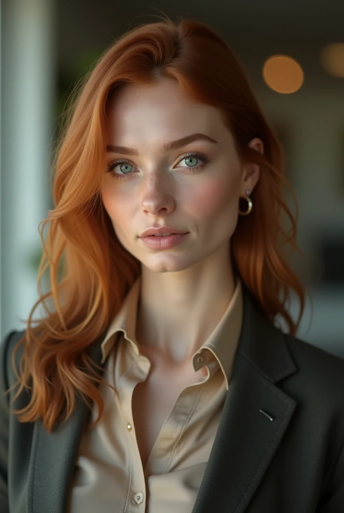 A beautiful Nordic-looking woman casual outfit straight from office-work, naturally red hair, High-quality image, masterpiece, medium size, Detailed hair texture , detailed skin texture , Detailed fabric texture , 8k, Fabric details hinzufügen, ultra detai...