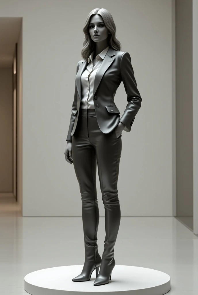 Stome statue of Woman dressed with a blazer over a shirt, dress pants over heeled boots