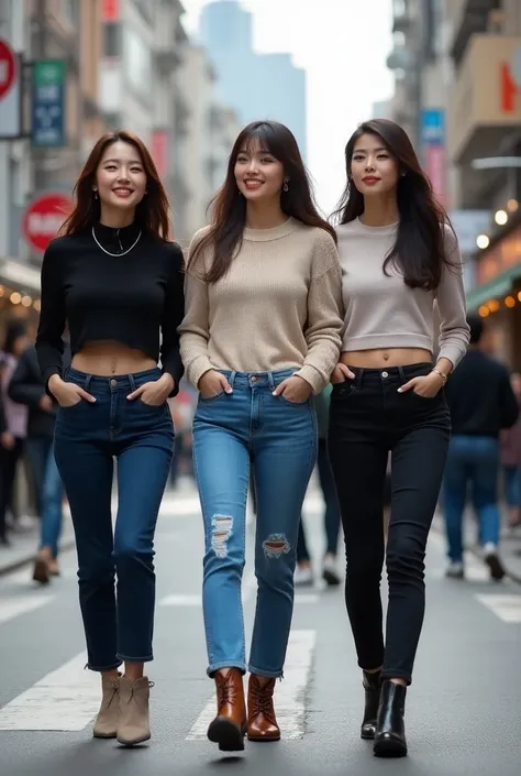 Korean women in dark blue and light blue and black jeans and long brown boots and short shirt on the street full body 