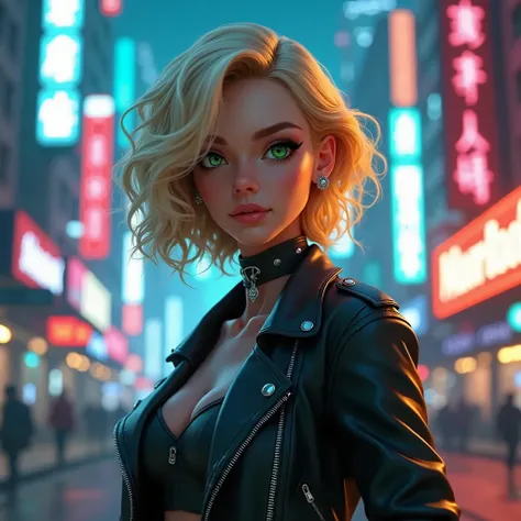 cyborg girl, cyberpunk city background, neon light, a beautiful woman 30 years old, blonde short curly hair, green eyes, animated, realistic, cartoon face, elegant, confident, without naked body, leather jacket, blue and yellow colours, digital art masterp...