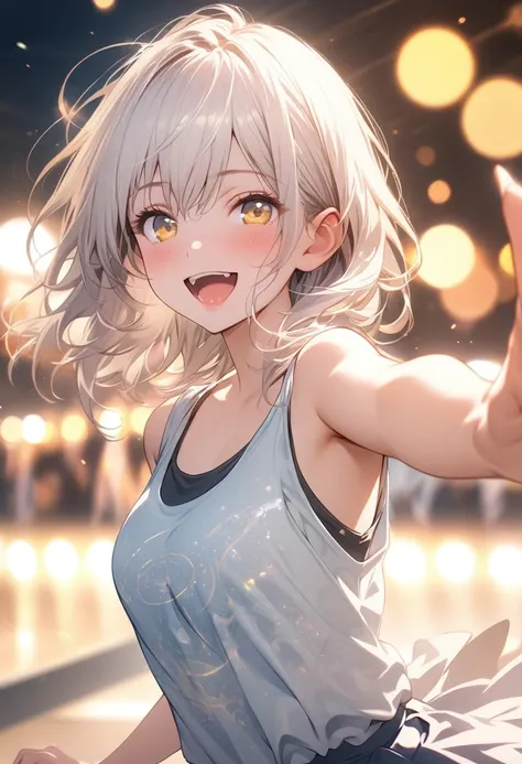 masterpiece, Best Quality,  High Definition CG Unity 8k Wallpaper ,  An animated illustration of a high school girl .  wear a larger tank top、Love Dance Solo, Point your index finger ,  Shes closing her eyes and opening her mouth , smile.  The background i...