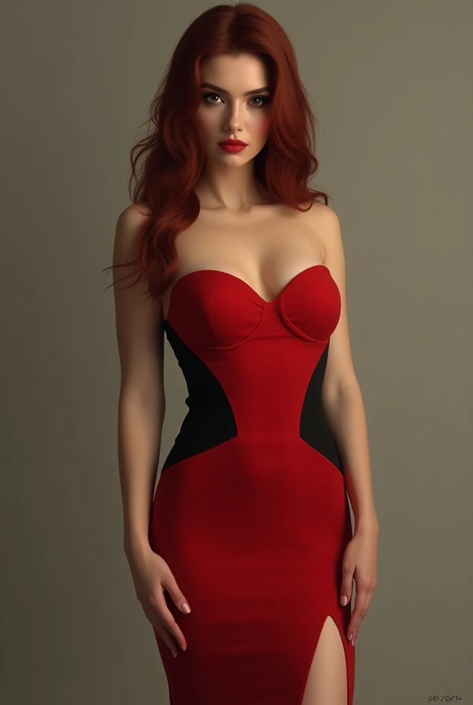  A brunette woman with long , wavy and red ,  hair who has a thin waist and a wide hip wearing a red and black dress that has a slit in her leg 