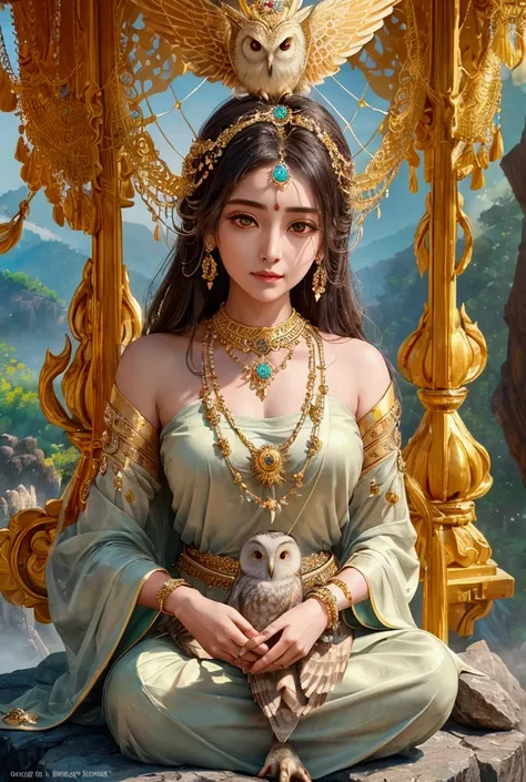 a breathtaking portrayal of a divine goddess, seated gracefully upon a rock in serene contemplation, an owl symbolizing wisdom perches beside her gazing into the distance, she embodies the essence of the indian goddess of wealth, adorned in intricate jewel...