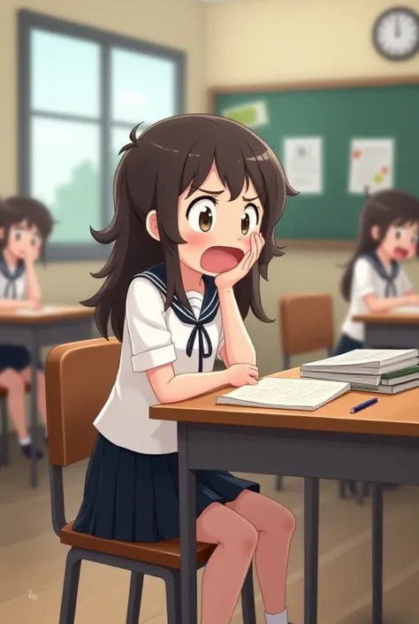 A GIRL IS sitting in the classroom, stressing out because theres a surprise quiz. He didnt study at all last night because he was gaming, make it a 2d cartoon, she is wearing white uniform and black skirt