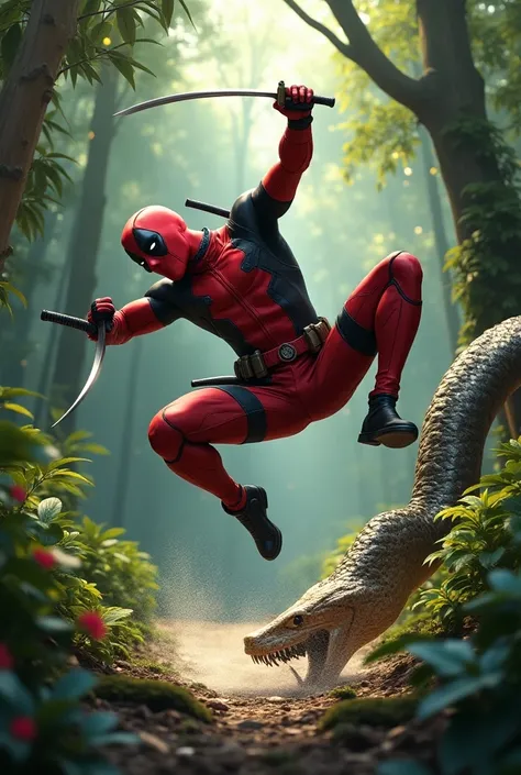 Deadpool, in his red-and-black suit, performs a dramatic backflip, dodging a lightning-fast strike from the giant snake. His katana gleams in the sunlight filtering through the jungle canopy as he twists mid-air. The snake’s enormous fangs narrowly miss hi...