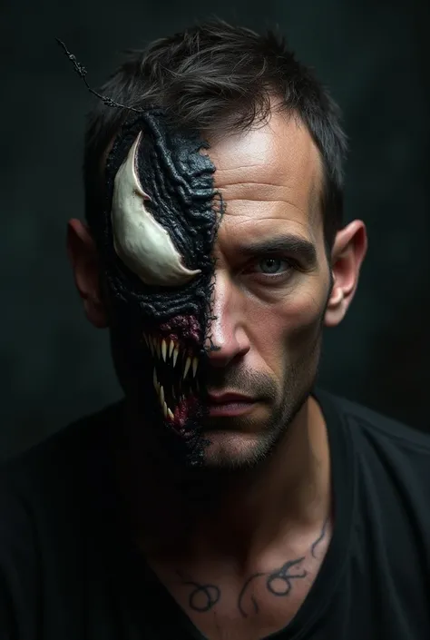 A face of a man with a tattoo on his face , Half symbiote like carnage and half human 