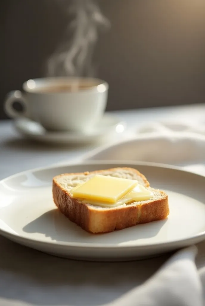 ( a piece of bread is on a large white plate)、Cold winter mornings、Lightly steamed 、 a piece of bread is on a large white plate 、 butter is melting 、 steaming coffee in the background 