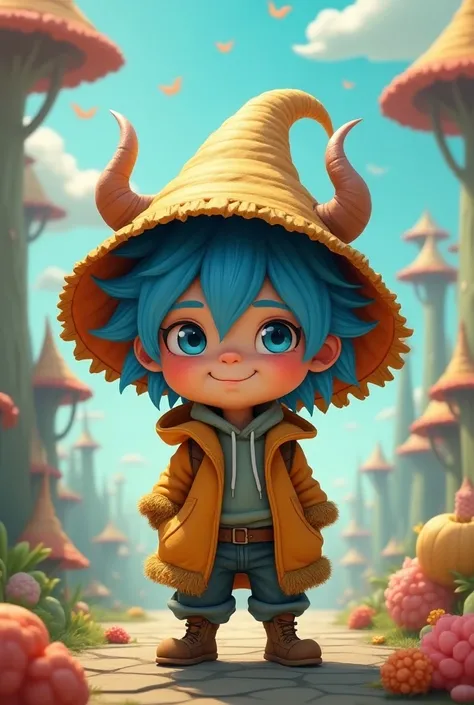 cute boy character with blue hair and a horned lampshade