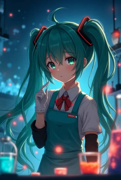 ((masterpiece)), ((best quality)), (ultra-detailed), ((kawaii)), cute, (lovely), anime style, upper body, focus on the face, laboratory, night, Starry sky, a cute girl, 1girl, solo, apron, Hatsune Miku,  beautiful green eyes, ((beautiful eyes)), long hair,...