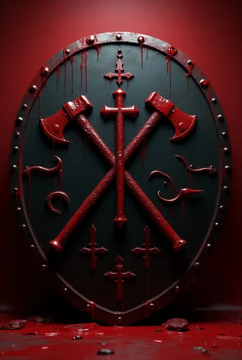  generate a shield with blood for me, axes, An upside-down cross and horns , Say the bloody ones ,  place it redder and make the shield round 