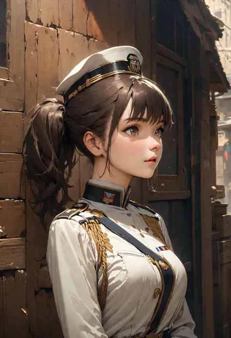  young beautiful woman,(Best Quality,Very detailed depiction, Incredible High Resolution , Anatomically Accurate Depiction ,High quality anime drawings),(Female admiral),(Blue and white military uniform,Admiral&#39;s Uniform, has sunglasses on her head, earrings, choker,boots,),(Silver Hair, ponytail,Purple Eyes,Eyes half closed:1.2,Cute charm , happy smile :1.2, it's opening its mouth, Pottery Skin ,Beautiful legs,Curvaceous Body,Model pose),(Full body image:1.3),Purple light,Navy Headquarters 