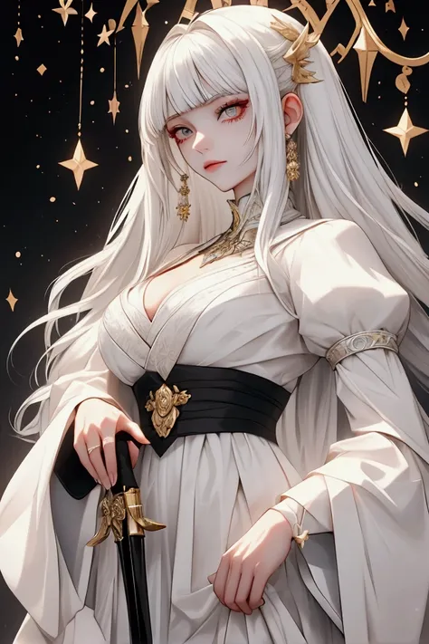  a two-dimensional girl with long white hair and full bangs， she holds an AK47 ， half of her face is still a human beauty {x} the other hand holds her beautiful face。But whats scary is that ， and the other half of her face is constantly disfiguring ， is an...