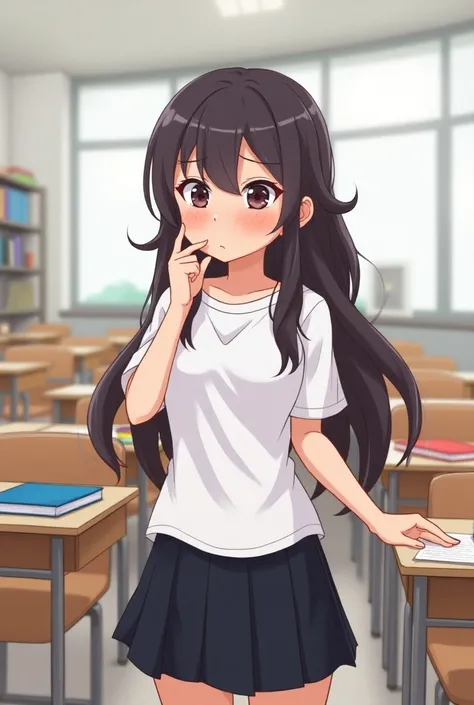 A GIRL IS sitting in the classroom, stressing out and worried because theres a surprise quiz. He didnt study at all last night because he was gaming, make it a comic 2d cartoon, she is wearing white uniform and black skirt