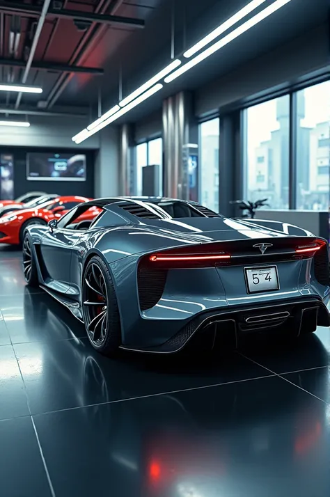 A lineup of high-end supercars, including the Tesla Roadster, parked in a sleek, high-tech garage with reflective floors.