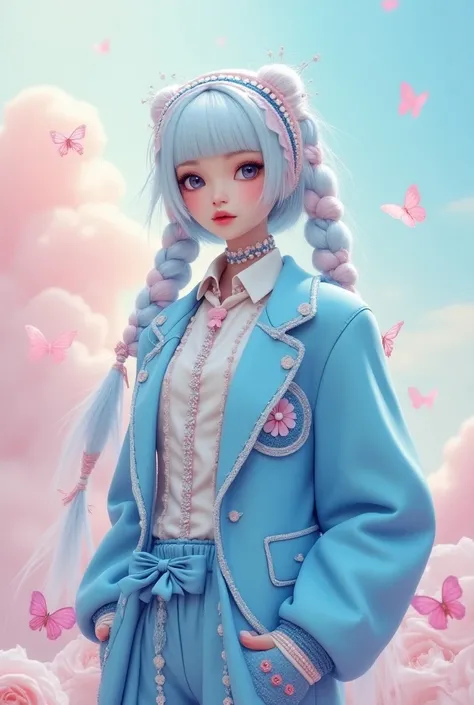 Bobs Head Braid Bands White Blue and White Pink Hair Outside Beaded Blue Jacket Inside Bow Uniform Pants Blue Beaded Trousers The background is made of light pink and light blue and light butterscotch