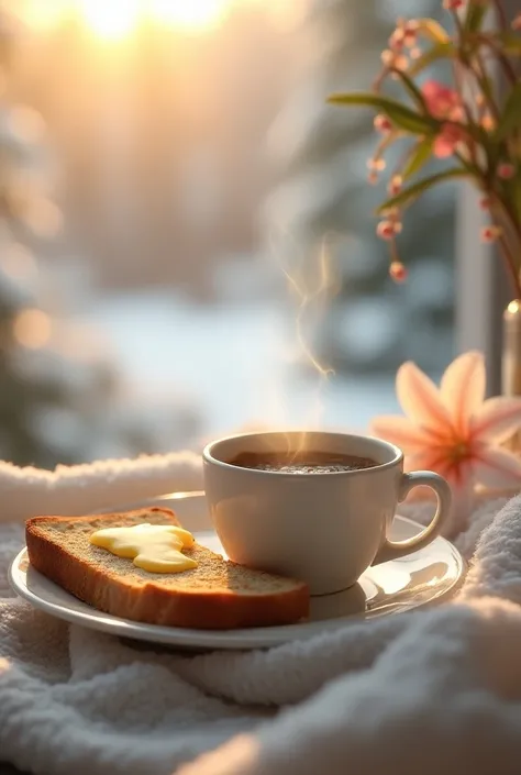 Cold winter mornings、 coffee cup with light shining through a 、( A Piece of Bread :1.5)、 the bread is slightly browned and lightly steamed、 a piece of melted butter is on it 、 melted butter soaks into the bread on a pure white plate 、 steaming coffee in the background 、One lily flower 