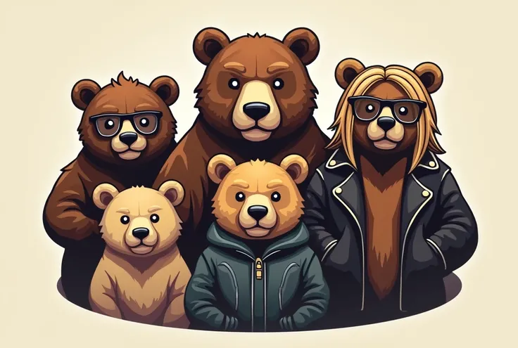 I need a logo serious style that says TheBears and if you can put 5 bears on it:

a short bear with glasses;

another bear with a goatee on his face (brown goatee);

another bear with blond hair;

another bear with long blond hair and who also has glasses;...