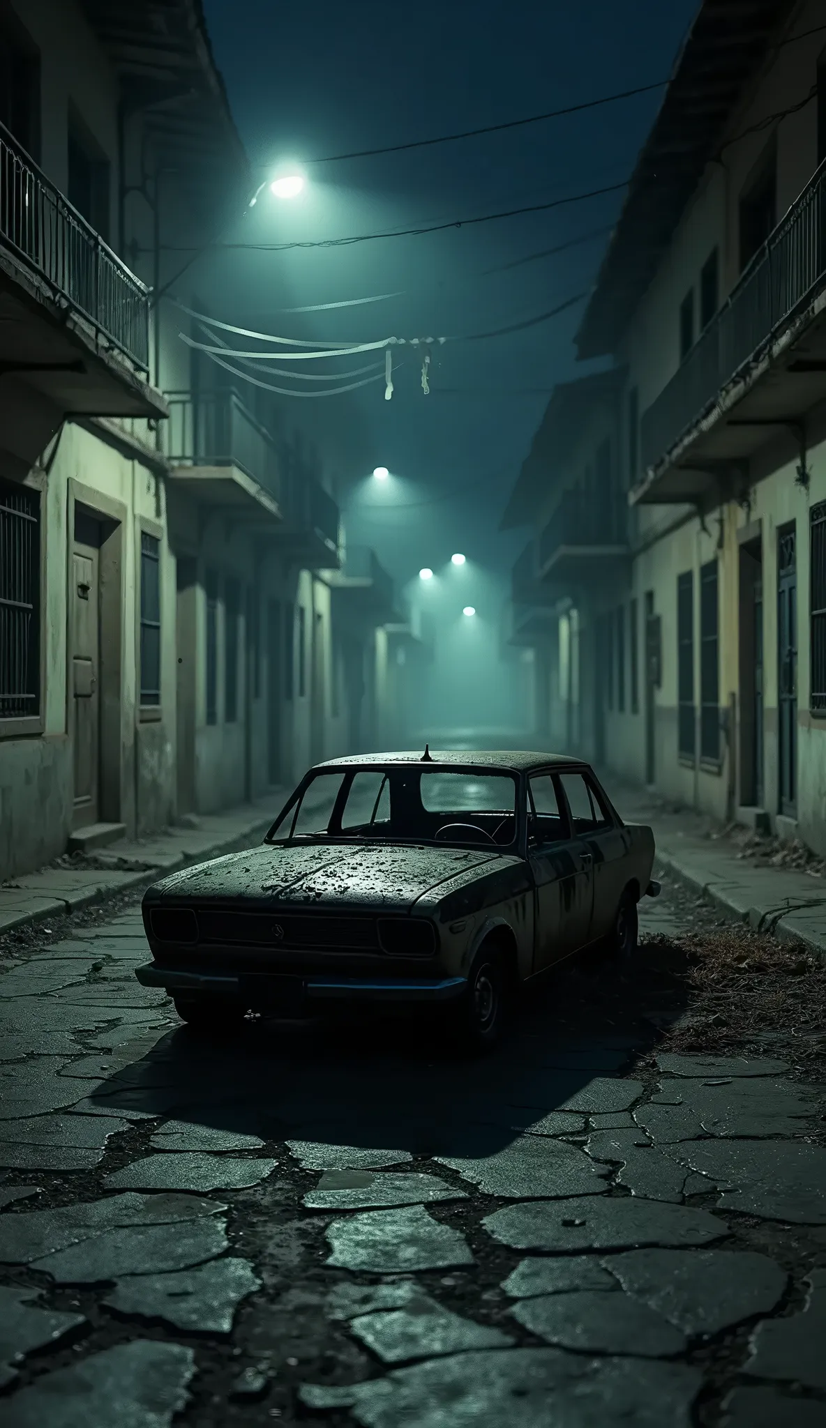  abandoned street with a burned out car, night, realistic 8k image, rock album cover, Realistic scenario, Abandoned street Rua do Brazil , high quality image 