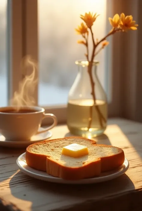 A very cold winter morning 、 warm light shines through the window 、( A Piece of Bread :1.5)、 The bread is slightly browned and steamy 、 A piece of melted butter is on the bread、( steaming coffee in the background 、 a flower in a thin, stylish vase )