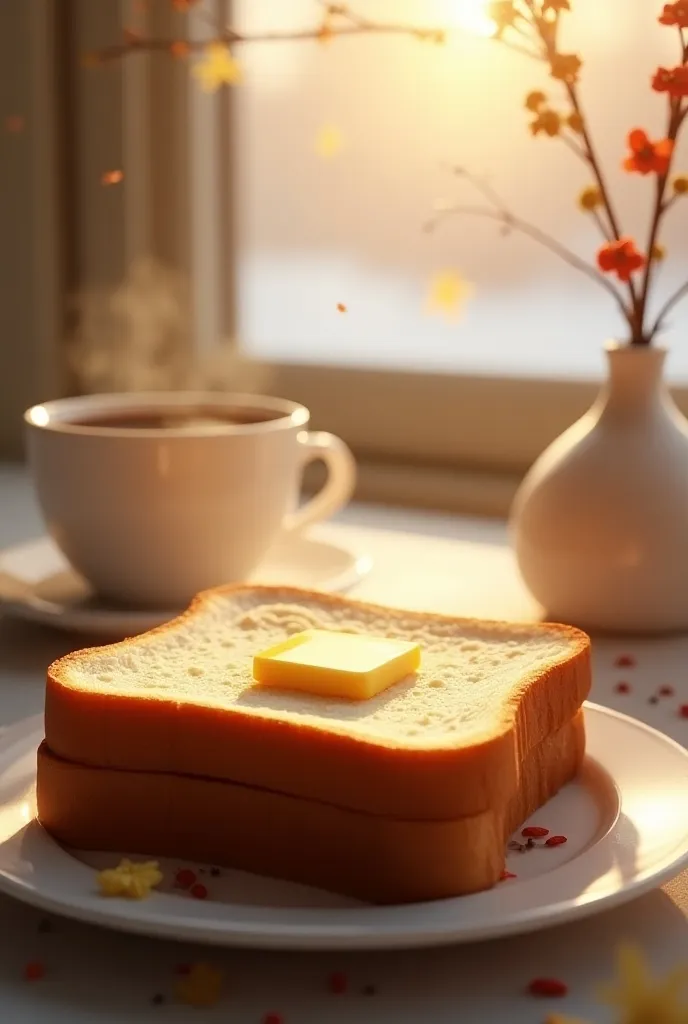 A very cold winter morning 、 warm light shines through the window 、( A Piece of Bread :1.5)、 The bread is slightly browned and steamy 、 A piece of melted butter is on the bread、( steaming coffee in the background 、 a flower in a thin, stylish vase )