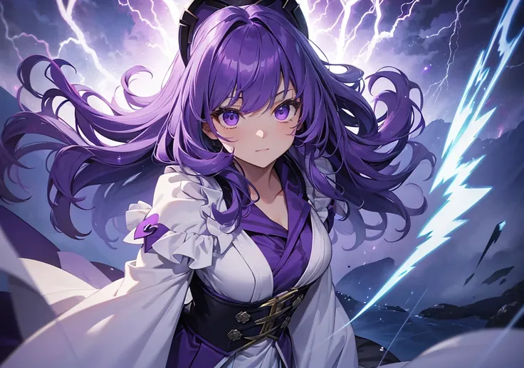 Under a sky filled with low-hanging thunderclouds, a purple-haired girl wears a Disney princess-style robe that is imbued with the power of lightning, and fluffy flashes of lightning surround her. Purple energy spreads from the girls hands, and her gracefu...