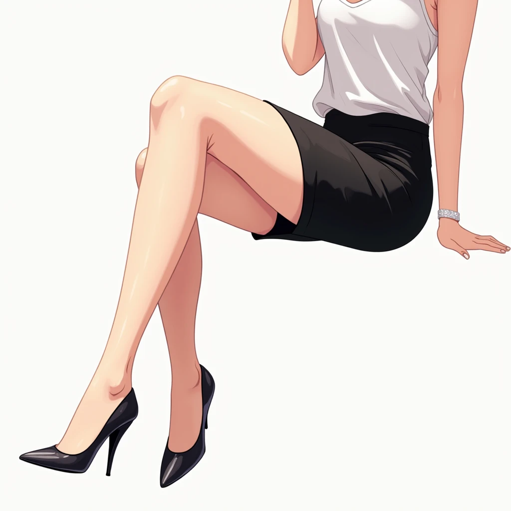 A high-res and stylish logo of feminine legs wearing a tight black pencil miniskirt and slight shimmer on the high heels. The thighs should be lightly/ pale colored with emphasis on the anime styled long legs to grab attention. Consider different provocati...