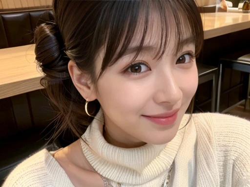 ((Best Quality)), ((masterpiece)), ( Details), ( Realistic textured skin with pores visible), One Japanese woman, Im at an Italian restaurant with my boyfriend, A little ugly, White knitted turtleneck, Bangs, Bun Hair,  glamorous, Dark tanned skin, smile, ...