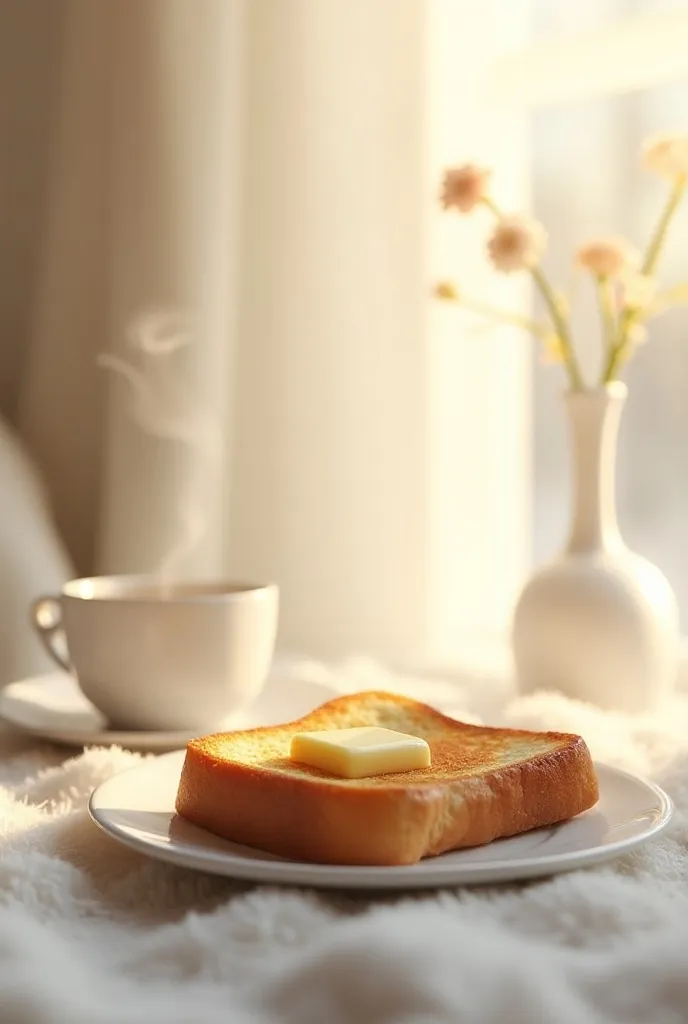 A room based on white、A very cold winter morning 、 warm light shines through the window 、( A Piece of Bread :1.5)、 The bread is slightly browned and steamy 、 A piece of melted butter is on the bread、( steaming coffee in the background 、 a flower in a thin, stylish vase )