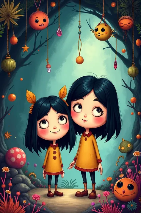 Create the character Coraline and Wybie in chibi style 