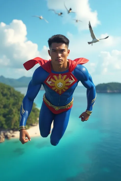 Superhero pria Philippines, wearing a tight costume with a gold Sun and stars logo on the right chest, costume color combination color royal blue, red, white and gold, handsome and clean face, tubuh berotot, flying low above sea level, fly very low, sonic ...