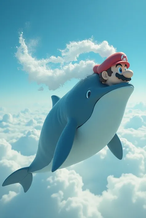 The whale with Marios face is squirting from its forehead　 is flying through the air