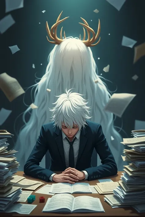 A realistic anime of a white long haired dude with a mountain of files on his work desk. Some  files and papers are flying away . The dude is on the desk looking sad and depressed he is looking at a box of cigarettes. A bubbly glowing  being with a wooden ...