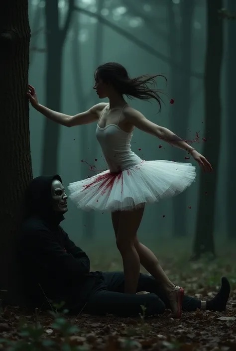 Hight quality, realistic, very beautiful woman, cut throat a male, throat bloody splashed, woman dance ballet, male mask, male hoodie, male leaned against a tree, woman stabs male in the throat